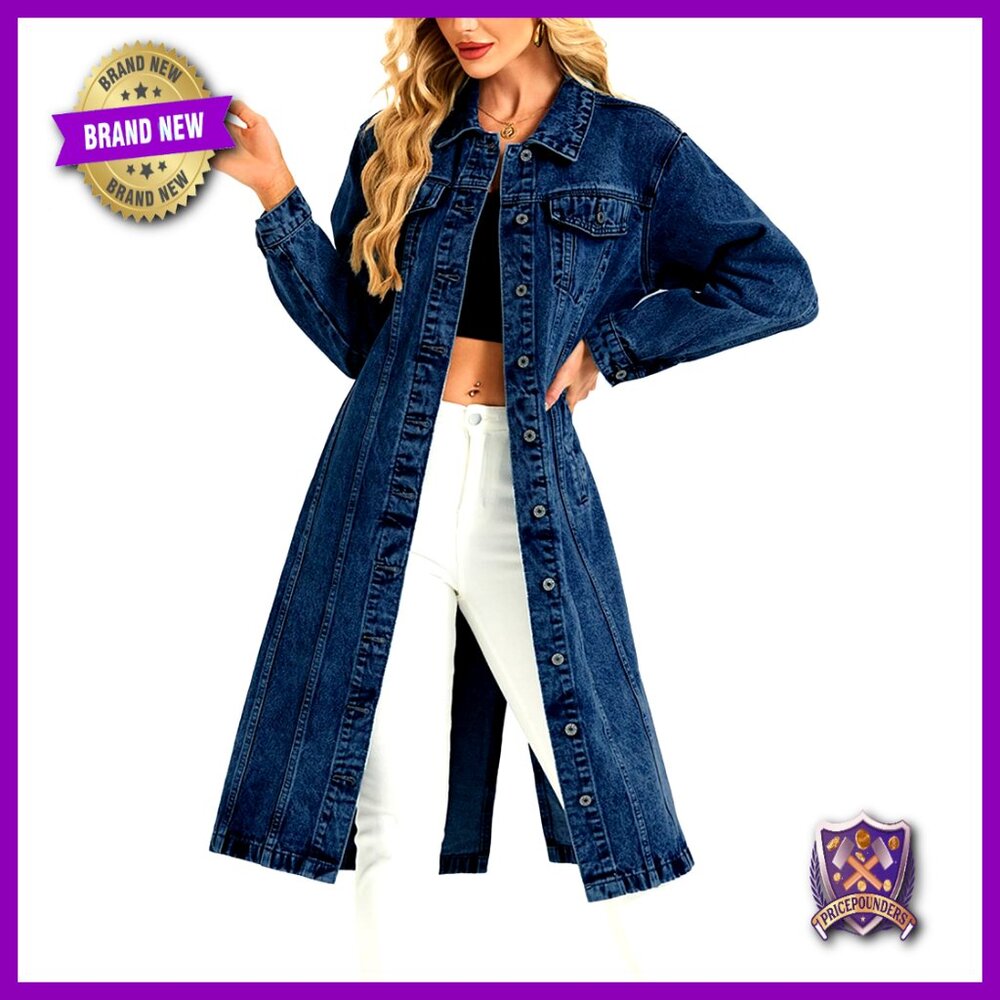 Denim Trench Coat Long Oversized Button Down Maxi Jean Jacket Chic Classic
